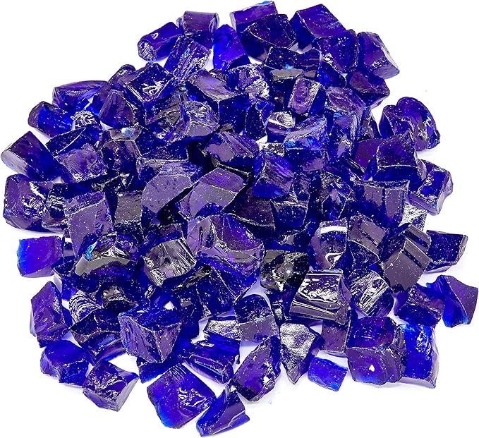 TWINKLING High Luster Fire Glass Gravel Stone,Broken Glass,Fire Pit Glass,Crushed Glass for Fireplace Pit Aquarium Garden Decoration,1-3cm,2-Pound Jar (Cobalt Blue)