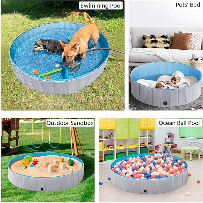 Yaheetech Grey Hard Plastic Dog Pools for Small Medium Large Dogs Puppies Pet Collapsible Bath Pool Tub for Outdoor/Home Use, Pet Repair Patches Included, XL