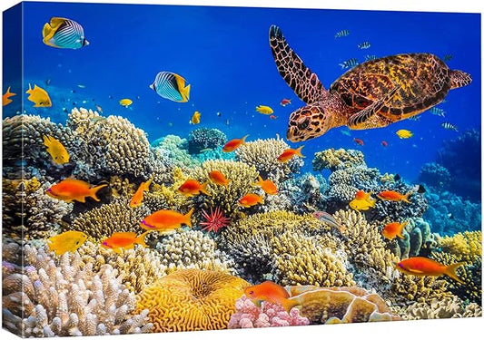 wall26 Canvas Print Wall Art Neon Coral Reef Blue Hippo Tang Fish Turtle Nature Animals Photography Realism Rustic Scenic Landscape Wilderness Colorful for Living Room, Bedroom, Office - 12"x18"