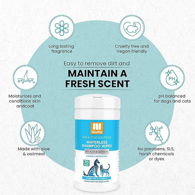 Nootie Waterless Shampoo Wipes for Dogs & Cats - Value Pack, 210 Count - Long Lasting Sweet Pea Vanilla Fragrance - Sold in Over 10,000 Vet Clinics and Pet Stores Worldwide, Made in USA