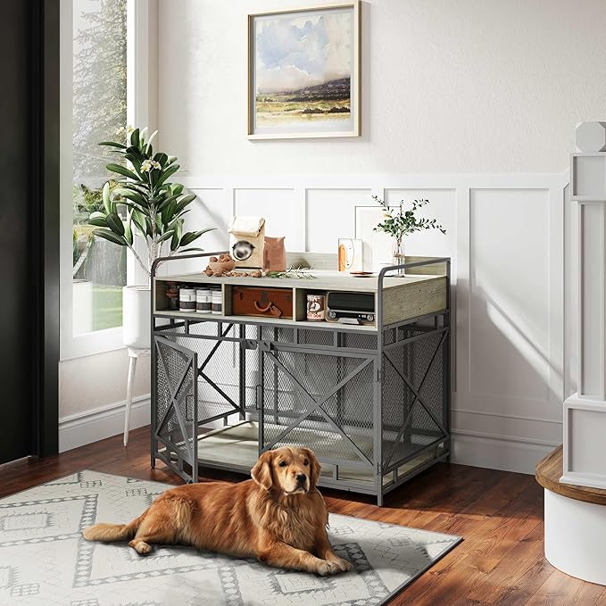 Dog Crate Furniture, 43" Heavy Duty Wooden Dog Crate End Table, XL Dog Kennel Furniture Large Breed, Decorative Dog Kennel Indoor with 3 Drawers & Steel Tubes 43" L x28 W x36 H (Grey)