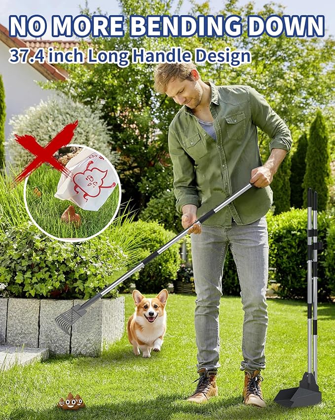 Dog Pooper Scooper Set, Stainless Metal Tray Rake Spade 3 Pack, Long Handle Pet Waste Scooper for Large Medium Small Dogs, Heavy Duty Poop Scooper for Yard, Grass, Dirt or Gravel