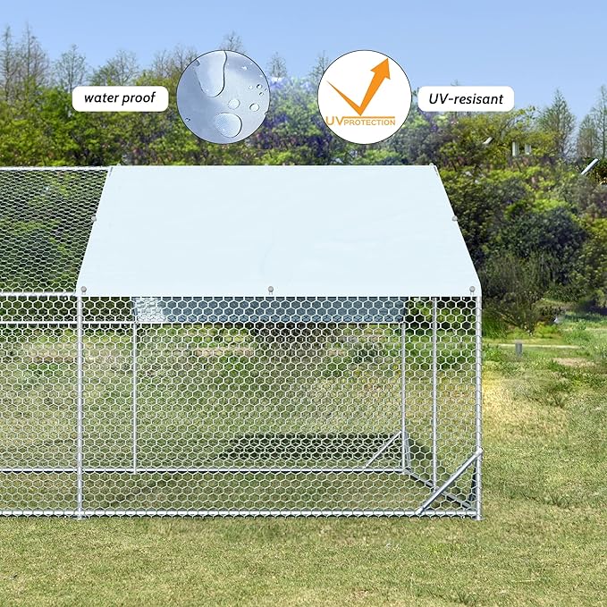 Large Metal Chicken Coop with Run Walk-in Poultry Cage Chicken Runs House Pen Cage Spire Roofed Chicken Coops with Anti-Ultraviolet Cover for Outdoor Yard Farm Use 9.8’L x 19.7’W x 6.4’H
