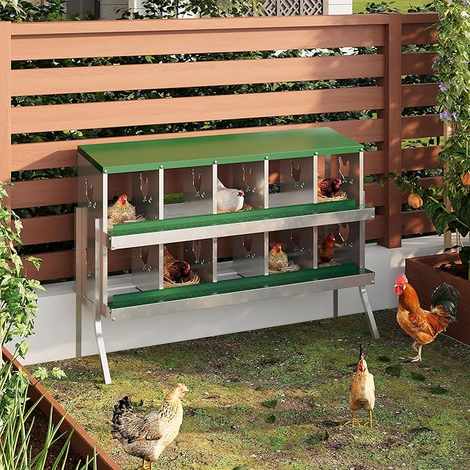 10 Hole Chicken Nesting Box with Roll Out Egg Tray, Rustproof & Ventilated Chicken Laying Boxes for Hens, Chickens, Ducks | Easy-Clean Poultry Coop Accessories, Green with Stand