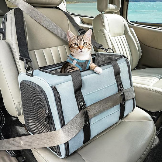 PETSFIT Soft-Sided Cat Carriers & Car Seats with Patent Safe Buckles, Clip-On Harness，18"x11"x11" Airline Approved Pet Carrier - 9 lbs Capacity (Cyan Blue)