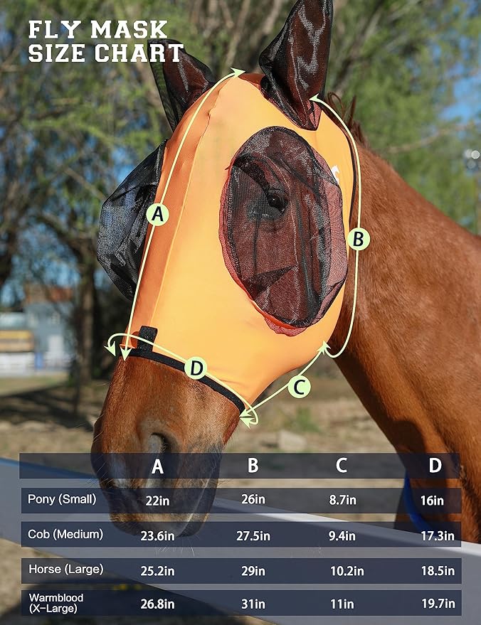 Horse Fly Mask with Ears, UV Protection Mask for Horses, Elasticity Mask with Big Mesh Eye Covers, Snug Fitting Comfortable Lightweight Red Orange Cob