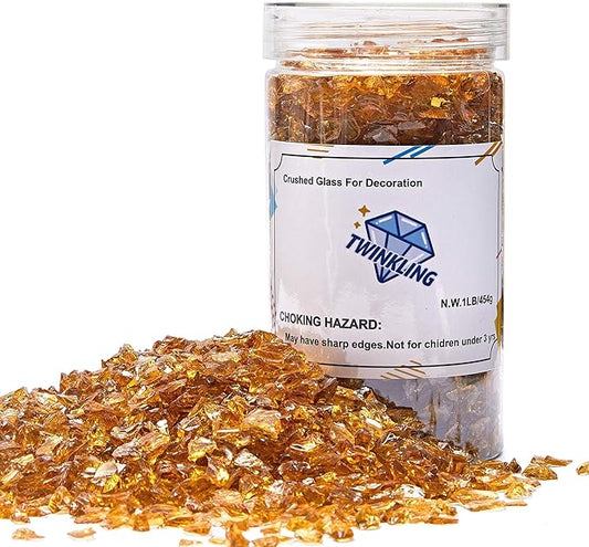 TWINKLING High Luster Fire Glass Gravel Stone Glitter,Broken Glass,Fire Gems Chips,Crushed Glass for Fire Pit Crafts Resin Art Aquarium Garden Decoration,3-6mm,1-Pound Jar (Deep Amber)