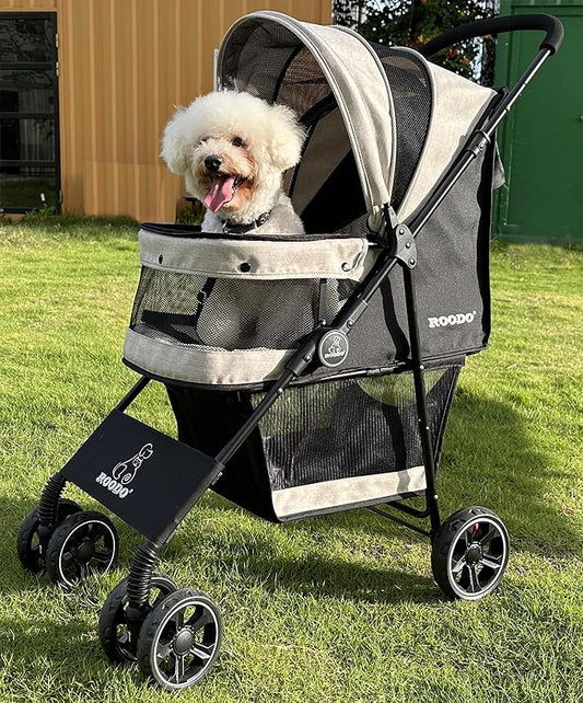 ROODO 4 Wheel Dog Cat Pet Stroller Best Lightweight Foldable Compact Portable Jogger All Terrain Travel Pet Gear Puppy Doggie Bunny Kitty Stroller for up to 30lbs Medium Small Dogs Cats(Light Khaki)