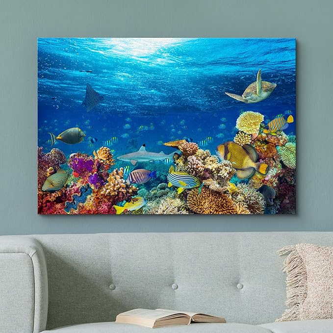 wall26 Canvas Print Wall Art Vibrant Sunshine Ray Coral Reef Turtle Fish Nature Animals Photography Realism Rustic Scenic Landscape Wilderness Colorful for Living Room, Bedroom, Office - 16"x24"