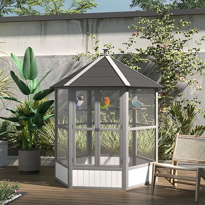 PawHut 69" Large Wooden Hexagonal Outdoor Aviary Flight Bird Cage with Covered Roof, Light Gray