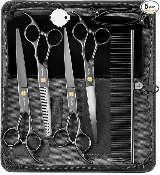 Professional Dog Grooming Scissors Set - 6.5" Thinning, 7" Straight, 7" Up-Curved, 7" Down-curved Scissors and Comb for Dog Cat Pet (Black)