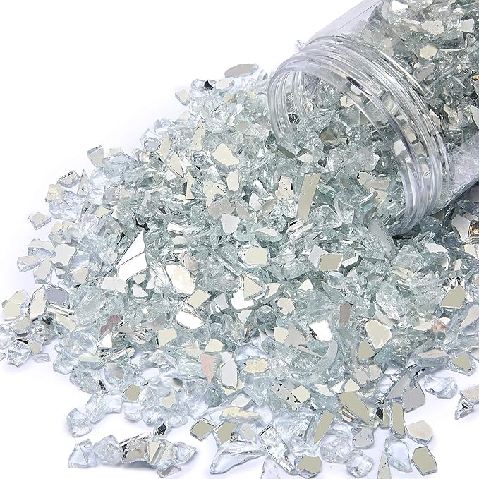 TWINKLING High Luster Fire Glass Gravel Stone Glitter,Broken Glass,Fire Gems Chips,Crushed Glass for Fire Pit Crafts Resin Art Aquarium Garden Decoration,3-6mm,1-Pound Jar (White-Backing Mirror)