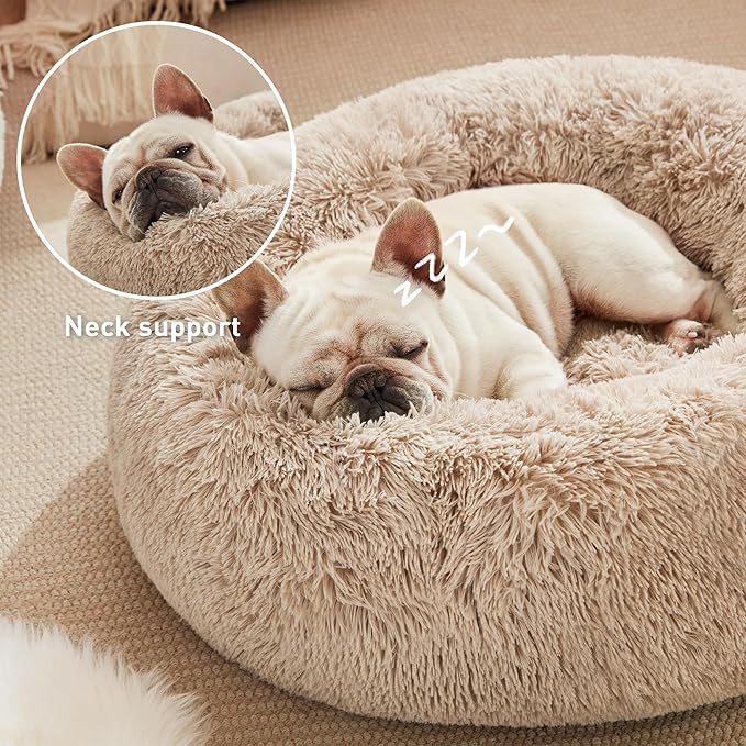 Love's cabin Calming Cat Bed for Indoor Cats,Anti-Anxiety Donut Round Dog Bed,Fluffy Faux Fur Washable Pet Bed for Small Medium Dogs and Cats,Taupe,24in
