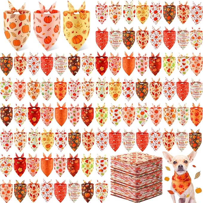 Abbylike 200 Pcs Fall Dog Bandanas Bulk Pumpkin Bandanas for Dogs Pets Triangle Kerchief Bibs Scarf for Fall Autumn Thanksgiving Costume Photo Props Accessories Pet Shops Adoption Events, 25 Styles