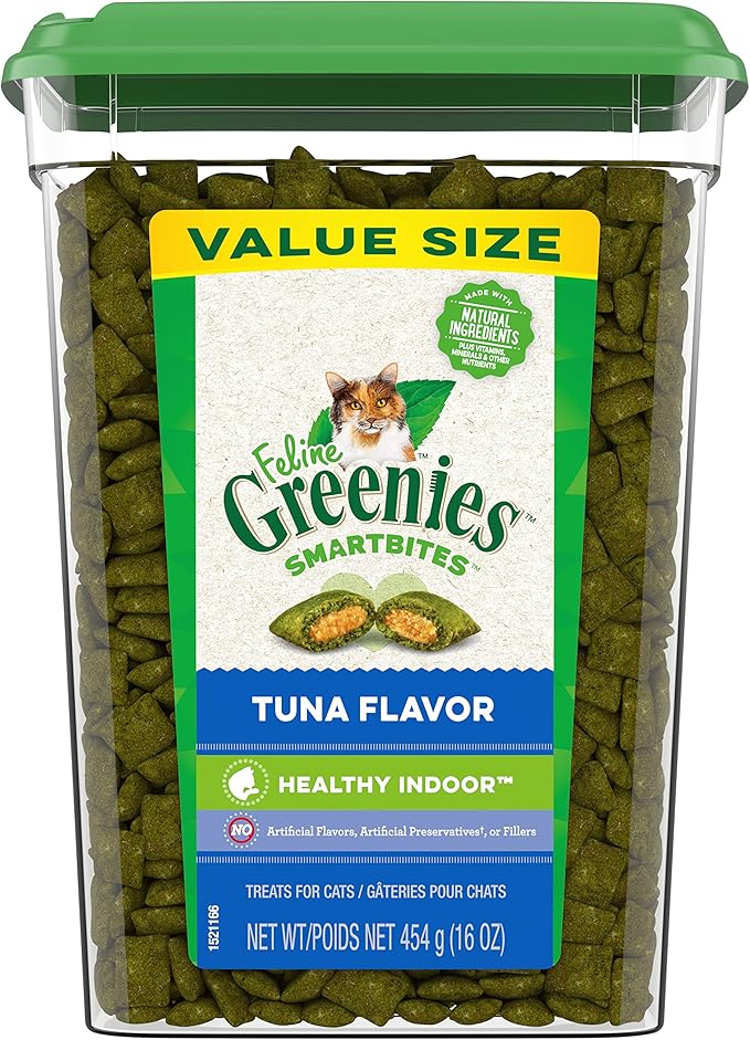 Greenies Feline Smartbites Healthy Indoor Cat Treats, Tuna Flavor, 16 oz. Tub