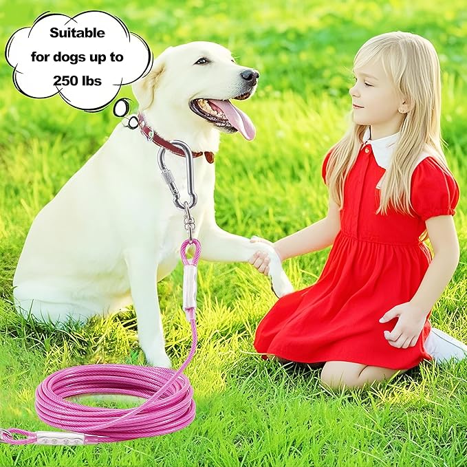 Dog Tie Out Cable for Outside,20FT Long Dog Leash&Chains with Swivel Hook,Small-Large Dogs Runner Cable for Yard,Heavy Duty Dogs Lead Line for Outdoor and Camping (500lbs 20FT, Pink)