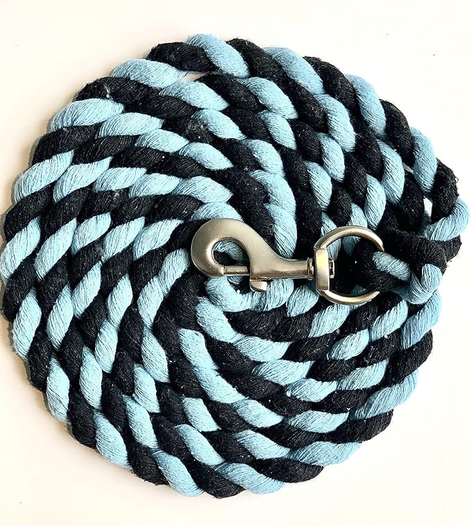 Majestic Ally Pack of 2 Solid Cotton Lead Rope for Horses & Livestock – 10 Foot Long and 5/8 inch Thick - Replaceable Heavy-Duty Satin Bolt Snap – Handmade – Soft, Broken in Feel (Sky Blue - Black)