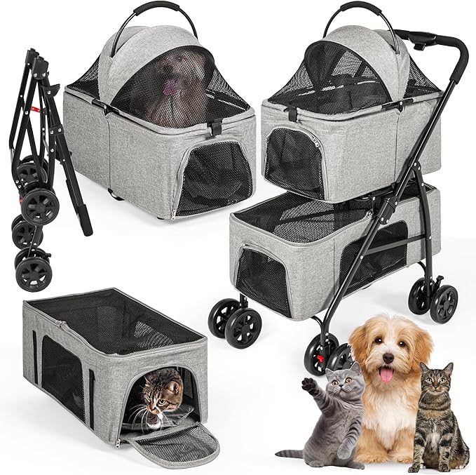 Detachable Pet Double Stroller with 4 Rolling Casters for 2 Pets – Lightweight Multifunctional Travel Stroller with Mesh Windows, Cup Holder, Sun Shades & Storage Pocket for Puppy and Kitty