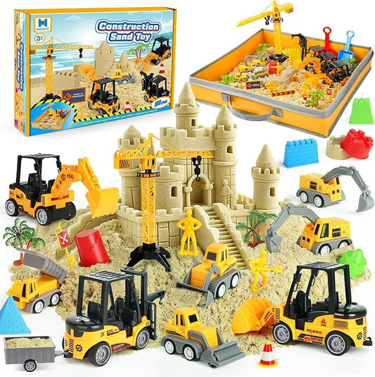 Sand Construction Site Kit - 37 Pcs Play Sand Art Kit with 8 Construction Trucks, Folding Sandbox, 2.2 lbs Magic Sand, Crane, Worker, Road Signs, Molds, Shovel - Ideal Toys for Boys Girls Age 3+