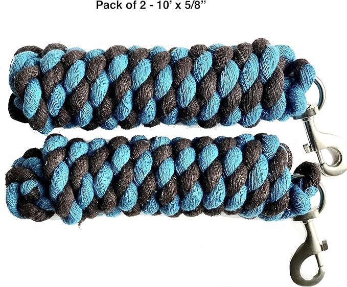 Majestic Ally Pack of 2 Solid Cotton Lead Rope for Horses & Livestock – 10 Foot Long and 5/8 inch Thick - Replaceable Heavy-Duty Satin Bolt Snap – Handmade – Soft, Broken in Feel (Turquoise -Brown)