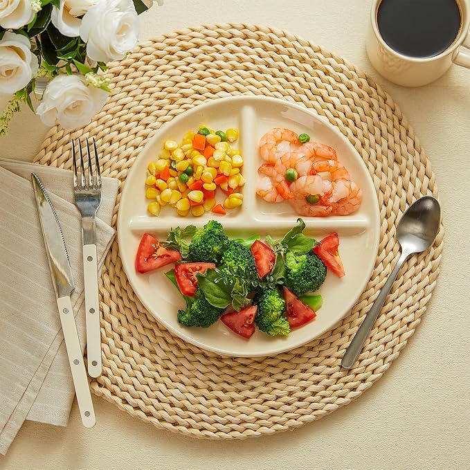 Sweese Set of 2 Porcelain Divided Dinner Plates, Beige High-Grade Durable Professional, 9 Inches, 2.0 Count