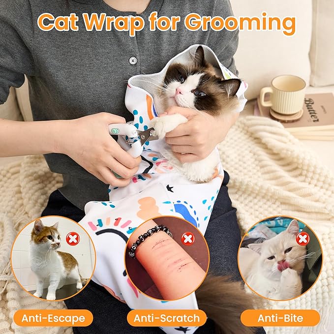 Cat Wrap for Cutting Nails,Cat Wrap for Grooming,Self-Adherent Soft Cat Blanket,Anti-Scratch Anti-Escape Multifunctional Cat Grooming Bag Pet Tool(27.6" X27.6",Within 23.57lbs)