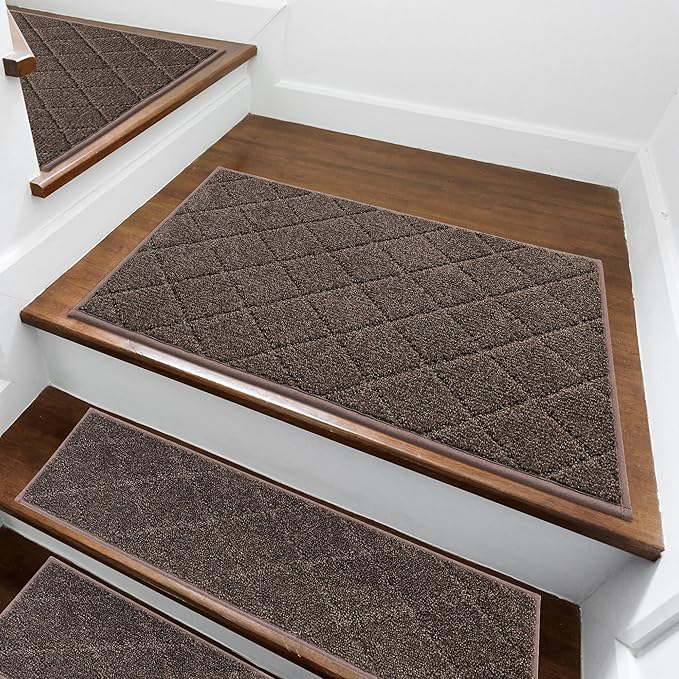 COSY HOMEER Edging Stair Treads Non-Slip Corner Indoor Stair Runners for Wooden Steps,Landing Slip Resistant Stair Rugs for Kids and Dogs, 100% Polyester TPE Backing,Brown,20"X32"