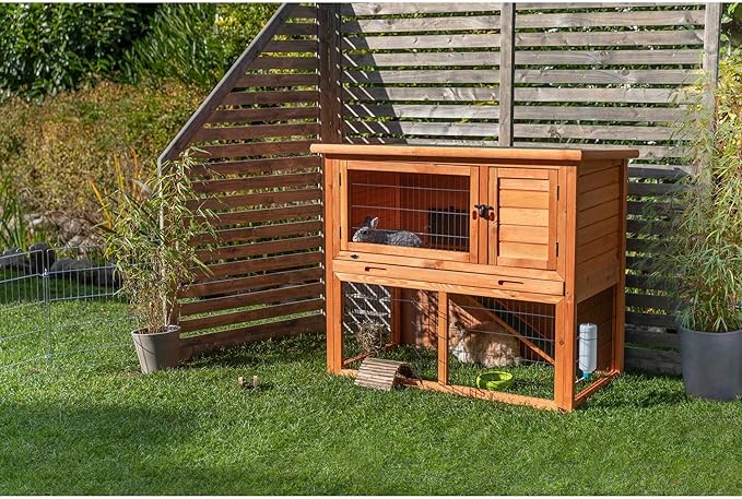 TRIXIE natura Outdoor Rabbit Hutch with Run - 2-Story Rabbit Cage with Non-Slip Ramp - Large Elevated Small Animal House with Secure Playpen, Hinged Roof & Pull-Out Tray - in Brown