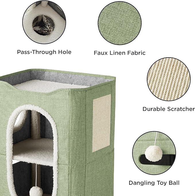 Bedsure 2 Story Cat House - Cat Condos for Indoor Cats with Scratch Pad and Fluffy Ball Hanging, Small Pet Cave Furniture Hideaway for Multi Pets, 18x14x23 inches, Green