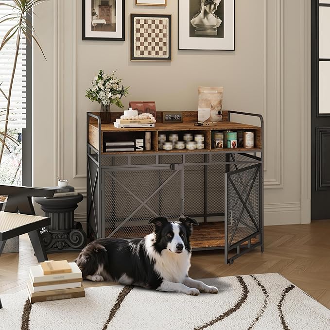 Dog Crate Furniture, 48" Heavy Duty Wooden Dog Crate End Table, XL Dog Kennel Furniture Large Breed, Decorative Dog Kennel Indoor with 3 Drawers & Steel Tubes 48" L x28 W x38 H (Rustic Brown)