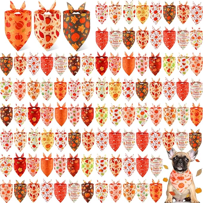 Chunful 100 Pieces Fall Dog Bandanas Bulk Autumn Pet Bandanas with Pumpkin Patterns Triangle Scarf Bib Kerchief Set for Small Large Dog Thanksgiving Costume Accessories (25.6 x 17.7 x 17.7)