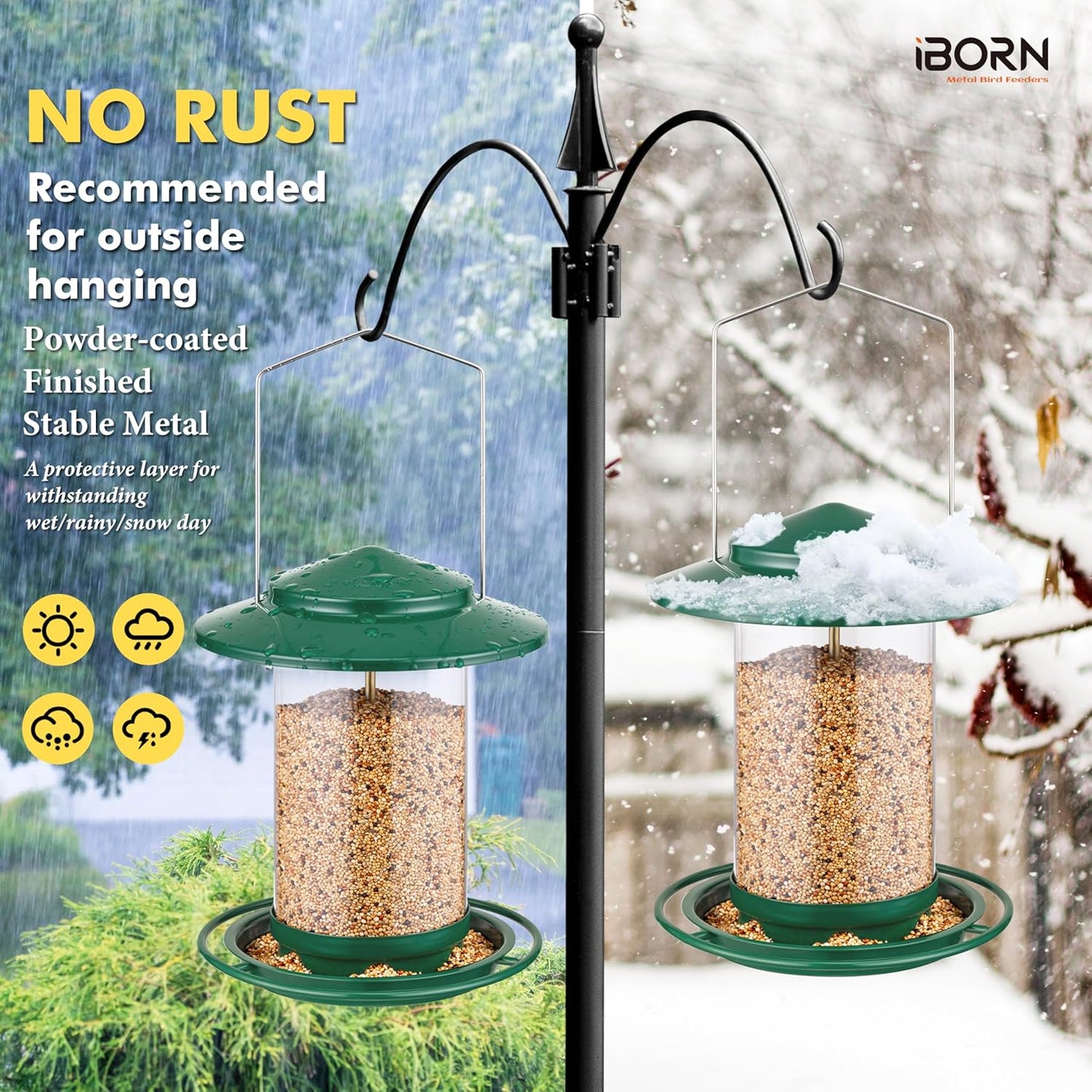 iBorn Metal Bird Feeders for Outdoors Hanging,Wild Bird Feeders for Cardinal,18cm Large Roof&Tray New Green 6 Port (Seed is not Included)
