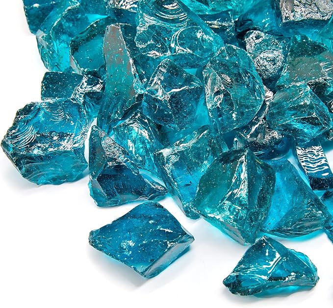 TWINKLING High Luster Fire Glass Gravel Stone,Broken Glass,Fire Pit Glass,Crushed Glass for Fireplace Pit Aquarium Garden Decoration,1-3cm,2-Pound Jar (Turquoise)