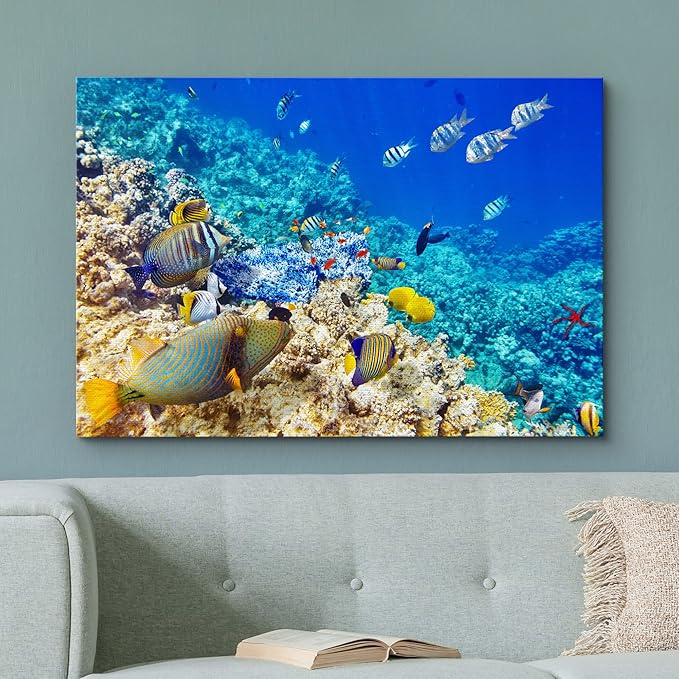 wall26 Canvas Print Wall Art Underwater Neon Blue Teal Ocean Water Fish Nature Animals Photography Realism Rustic Scenic Landscape Wilderness Earth for Living Room, Bedroom, Office - 12"x18"