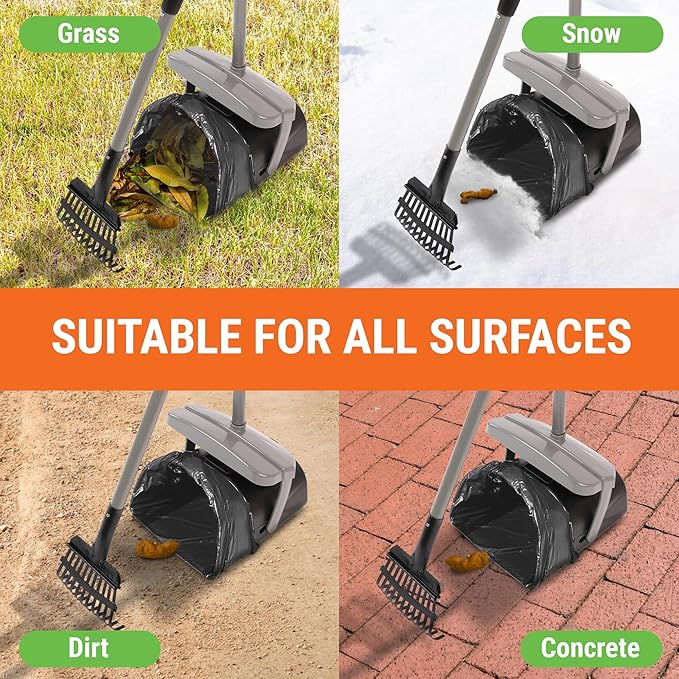 Dog Pooper Scooper with Bag Attachment, 40" Long Handle Pooper Scooper for Large Dogs, Dog Poop Scoop for Yard, Large Capacity Swivel Bin and Rake, Lavender Scented Bags (Grey)