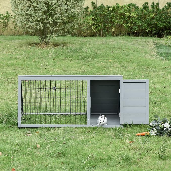 PawHut 46" x 24" Wooden A-Frame Outdoor Rabbit Hutch, Small Animal Cage, Bunny Hutch with Outside Run & Ventilating Wire, Gray