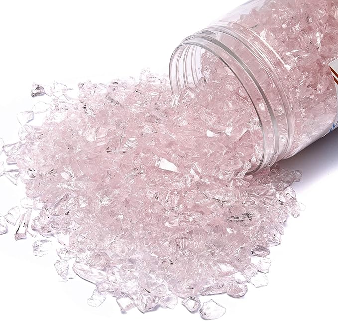 TWINKLING High Luster Fire Glass Gravel Stone Glitter,Broken Glass,Fire Gems Chips,Crushed Glass for Fire Pit Crafts Resin Art Aquarium Garden Decoration,3-6mm,1-Pound Jar (Pink)