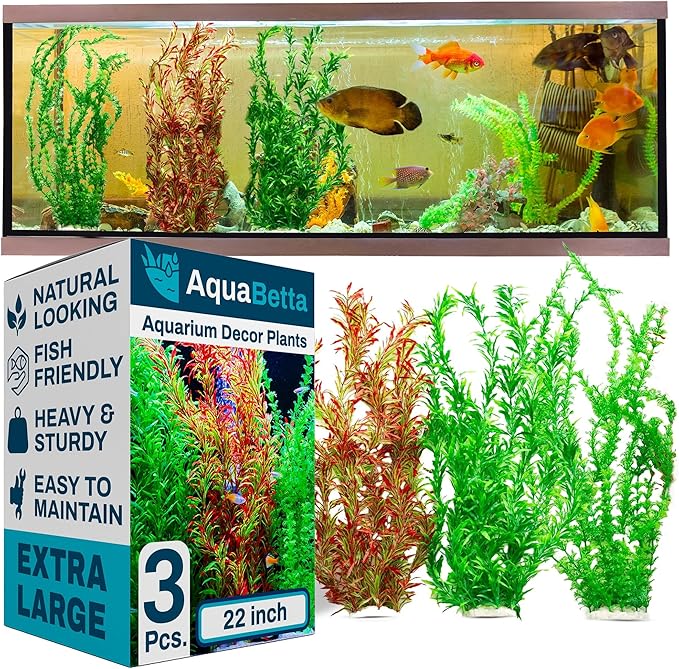 3PCS Artificial Aquarium Plants Set Extra Large - Big Natural Looking Plastic Decoration for Fish, Axolotl and Turtle Tanks – Tall Realistic Tank, Swamp and Pond Fake Plant Decorations.