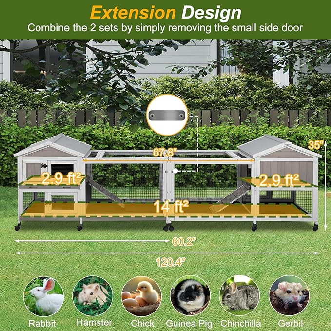 Rabbit Hutch Outdoor Indoor Bunny Hutch with Run 2-Story Large Rabbit Cage on 6 Wheels, 3 Leak Proof Trays, Ramp, Waterproof Roof for Small to Medium Animals, Expandable Design