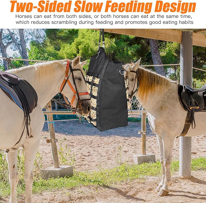 Hay Bags for Horses,Two-Sided Premium Oxford Slow Feed Hay Bags for Goats,Sheep,Donkey,Large Top Opening with Hook-and-Loop Seals,Easy to Hang with Adjustable Strap (Black, Large 1 Pack)