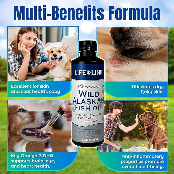 Life Line Pet Nutrition Wild Alaskan Fish Oil Omega-3 Supplement for Skin & Coat – Supports Brain, Eye & Heart Health in Dogs & Cats, 16.5oz
