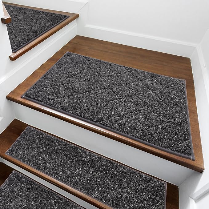 COSY HOMEER Edging Stair Treads Non-Slip Corner Indoor Stair Runners for Wooden Steps,Landing Slip Resistant Stair Rugs for Kids and Dogs, 100% Polyester TPE Backing,Black,20"X32"