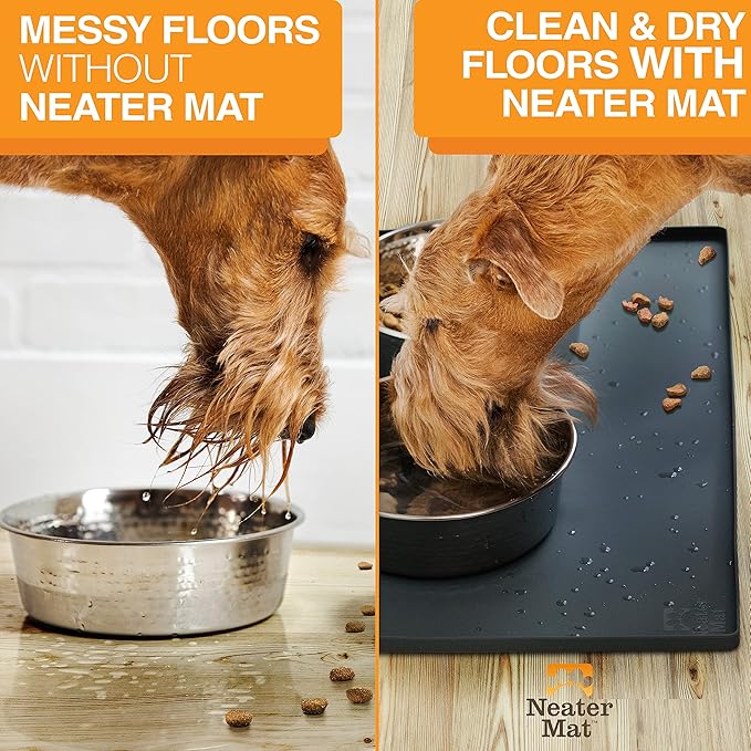 Neater Pet Brands Neater Mat Pet Mats for Food and Water, Cat & Dog Bowl Mat Waterproof Silicone, Feeding Tray, Dog Food Mats for Floors, Placemat w/Raised Edge for Under Bowls, 19” x 12”, Black