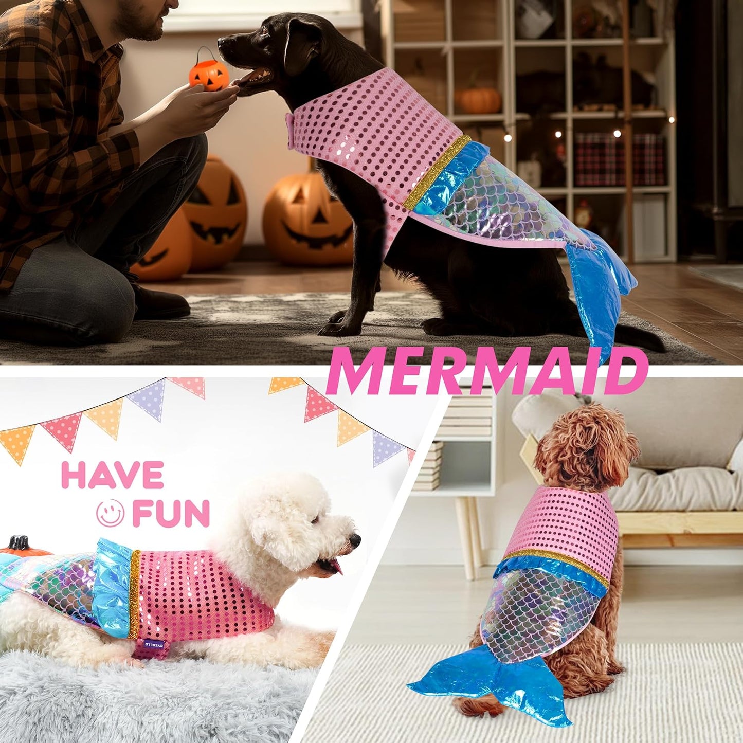 Mermaid Dog Costume Halloween Dog Clothes with Sparkly Sequin Holiday Party Outfits Puppy Pet Costumes for Small Dogs(X-Small to X-Large)