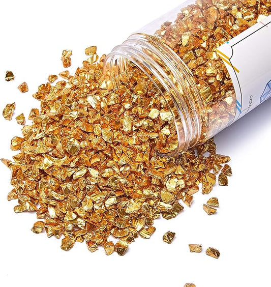 TWINKLING High Luster Crushed Glass Glitter, Fire Glass Gems Chips for Fire Pit, DIY Resin Art, Epoxy Crafts, Geode Painting, Aquarium Decoration, 6-9mm (370g/13oz.) (Gold)