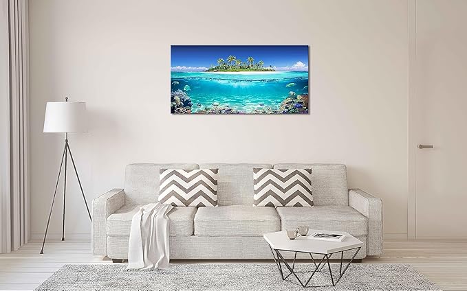 Tropical Island Coral Reef Landscape Canvas Wall Art for Living Room,Unique View Split Waterline Scenery,Beautiful Nature Summer Travel Scenic Picture Print Artwork Painting Decor,Inner Frame 30x60