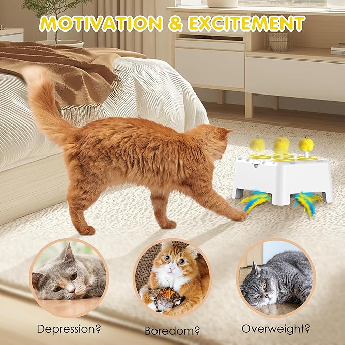 Cat Toys, 2 in1 Automatic Interactive Cat Toys for Indoor Cats, 4 Holes Mice Whack a Mole Cat Mouse Toy with Moving Feather, Rechargeable USB Power Kitten Feather Toys for All Breeds (Yellow)