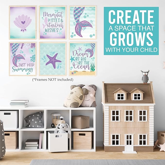 Hadley Designs 6 Mermaid Wall Decor – Reversible Magical Mermaid Wall Art for Nursery & Bathroom, Under the Sea Unframed Ocean-Themed Room Decor Prints for Girls' Bedroom