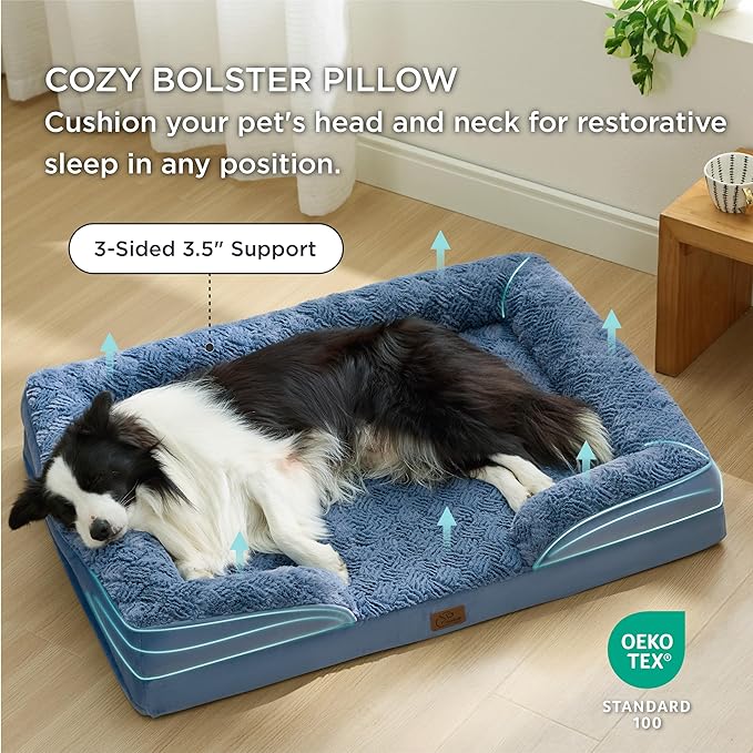 Bedsure Orthopedic Dog Beds Large Sized Dog - Washable Large Dog Cat Bed Waterproof, Comfort Dogs Couch Sofa with Washable Removable Cover, Pet Bed with Nonskid Bottom, Plush-Blue, 35"