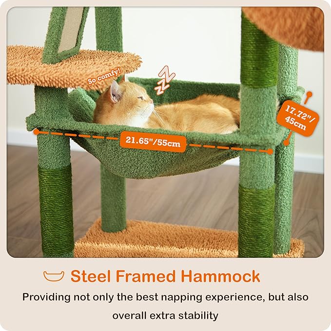 Ouritsu Cat Tree, 56 inch Tall Cat Tower for Large Cat Indoor, Large Condo, 2 Padded Perches, Steel-Framed Hammock, Scratching Post and ramp, Fluffy Basket, Green, LF001GB